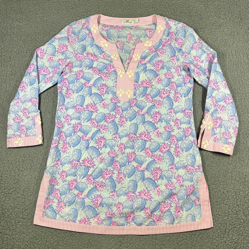 Vineyard Vines Tunic Women S Pineapple Beaded Preppy Pink Blue